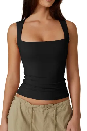 QINSEN Women's Square Neck Sleeveless Double-Layer Tank Tops Basic Tight T Shirts Black L