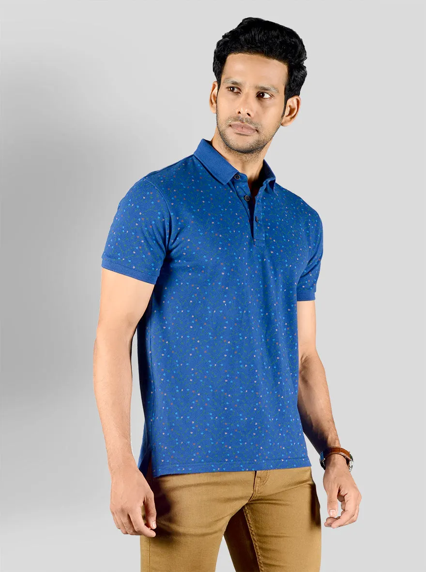 Royal Blue Printed Slim Fit Polo T-shirt | JadeBlue