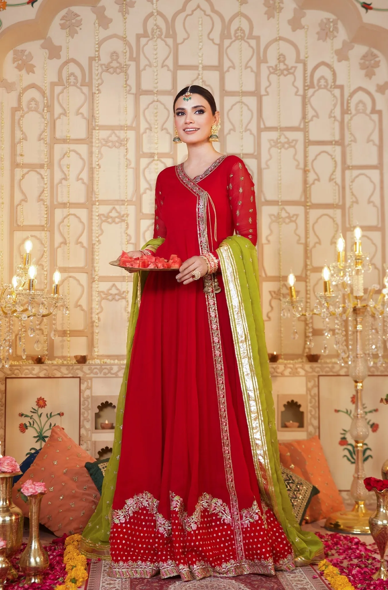 Ruby Red Embellished Chiffon Frock (Raspberry)