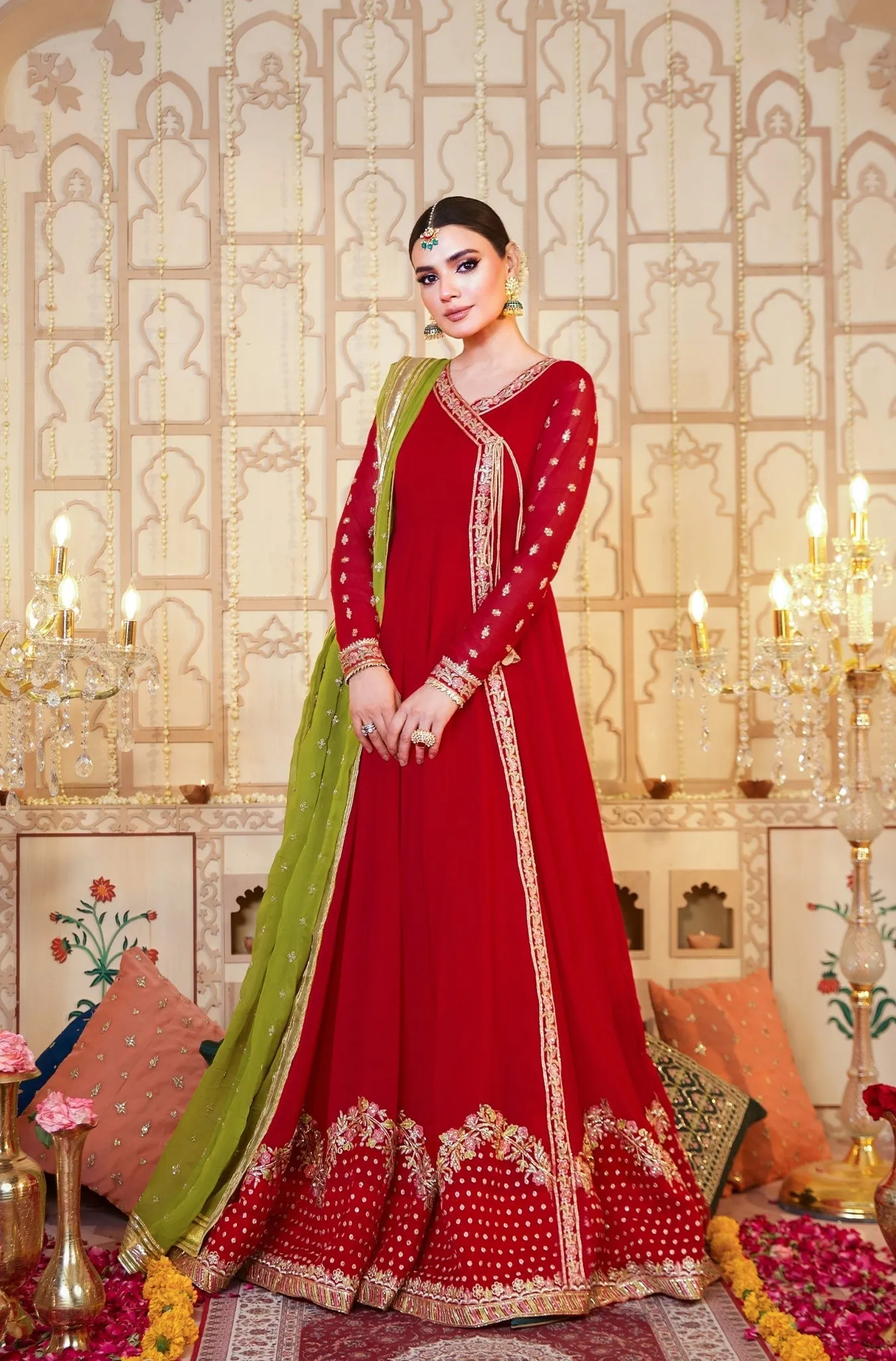 Ruby Red Embellished Chiffon Frock (Raspberry)