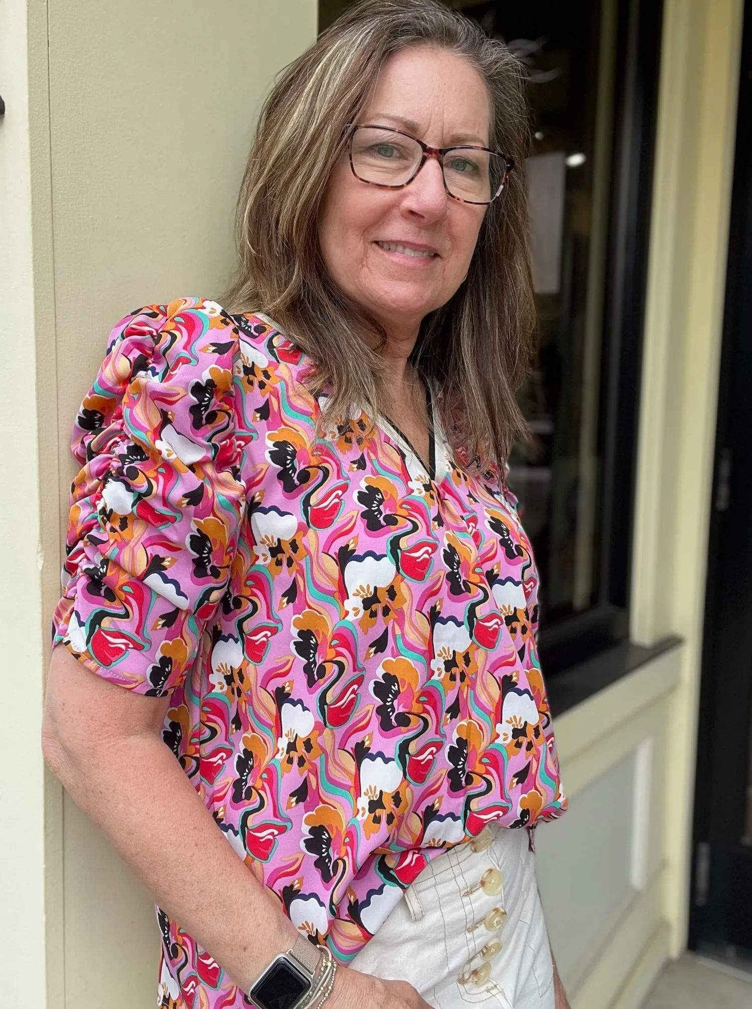 Ruched V-Neck Print Top [PK-JH2103]
