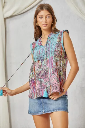 Savanna Jane Patchwork Embroidered Cap Sleeve Top