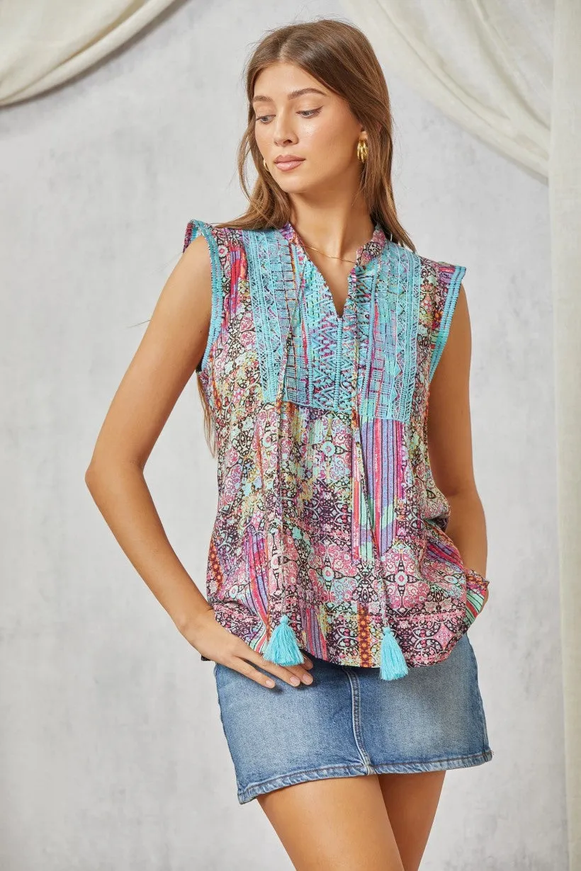 Savanna Jane Patchwork Embroidered Cap Sleeve Top