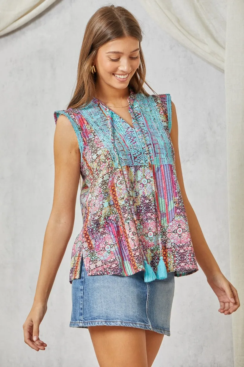 Savanna Jane Patchwork Embroidered Cap Sleeve Top