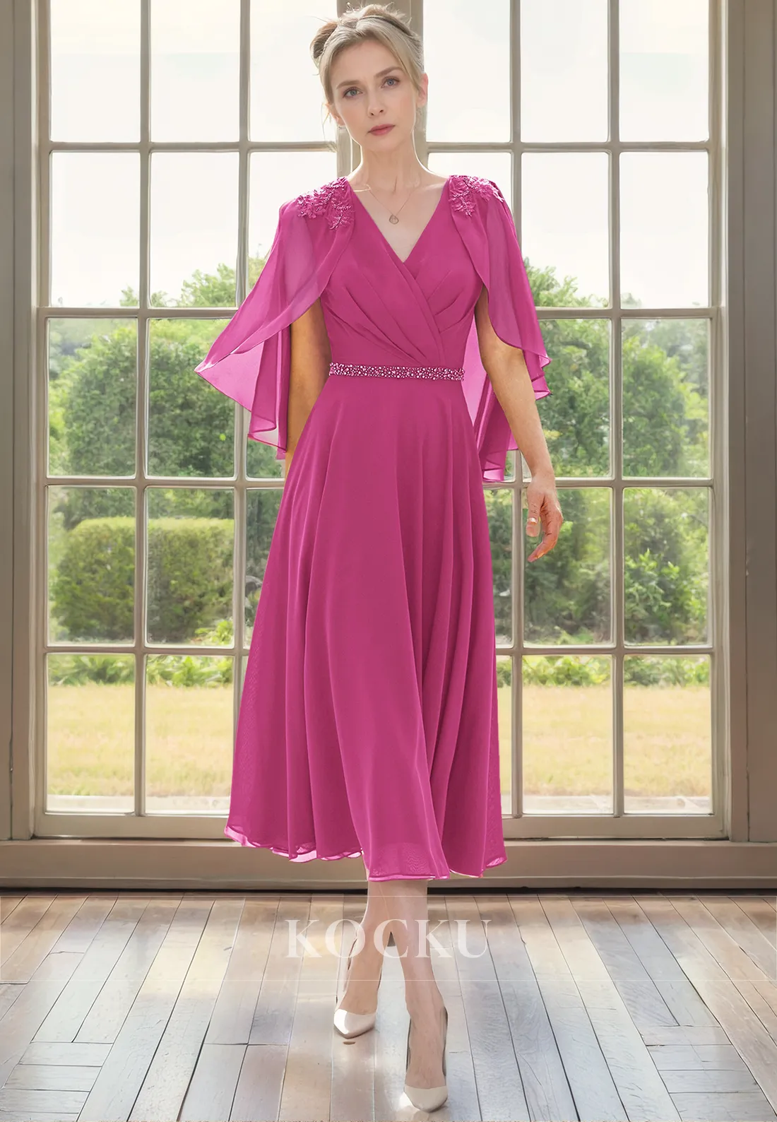 Simple & Casual A-Line V-Neck Cap Sleeves Chiffon Cocktail Mother of the Bride Dress