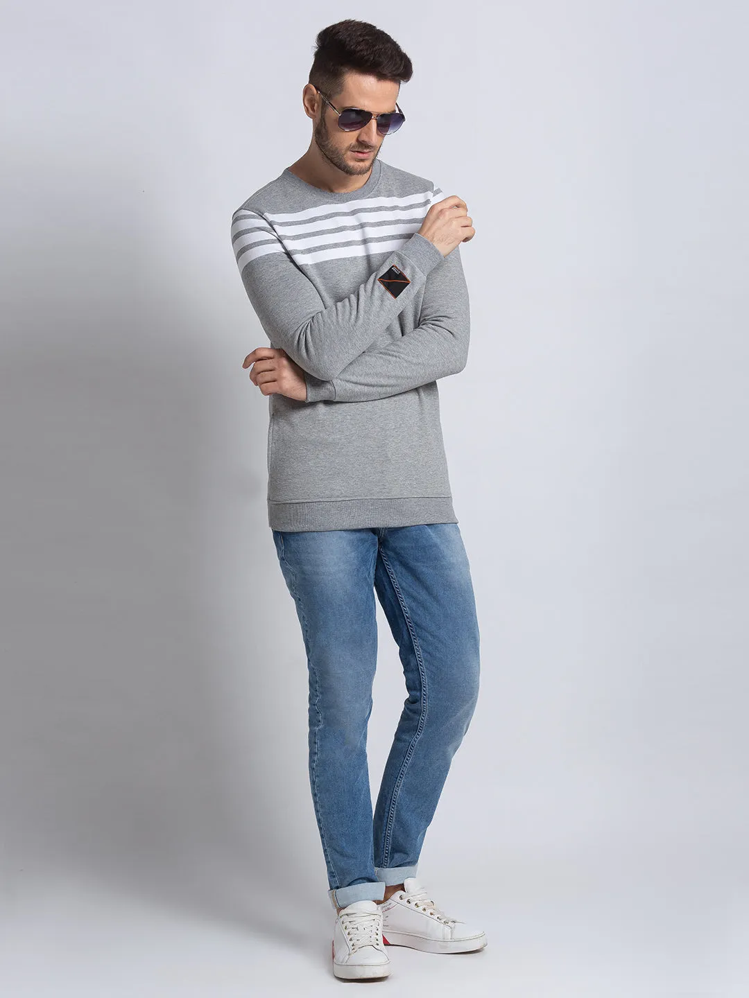 Spykar Grey Melange White Blended Slim Fit Sweatshirt For Men