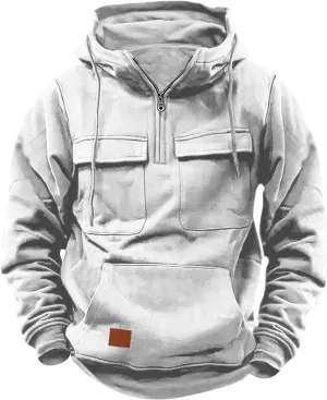 Tactical Hoodies for Men Quarter Zip Pullover Sweatshirts Casual Work Crewneck Sweatshirt Cargo Hoodies Multi Pocket