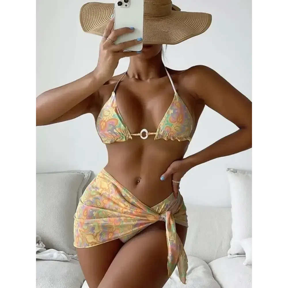 Tie Dye Halter Ruffled Bikini Set