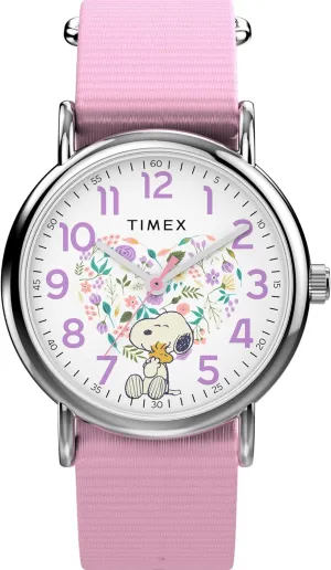 Timex x Peanuts Women's Weekender in Bloom 31mm Watch - Pink Strap White Dial Silver-Tone Case