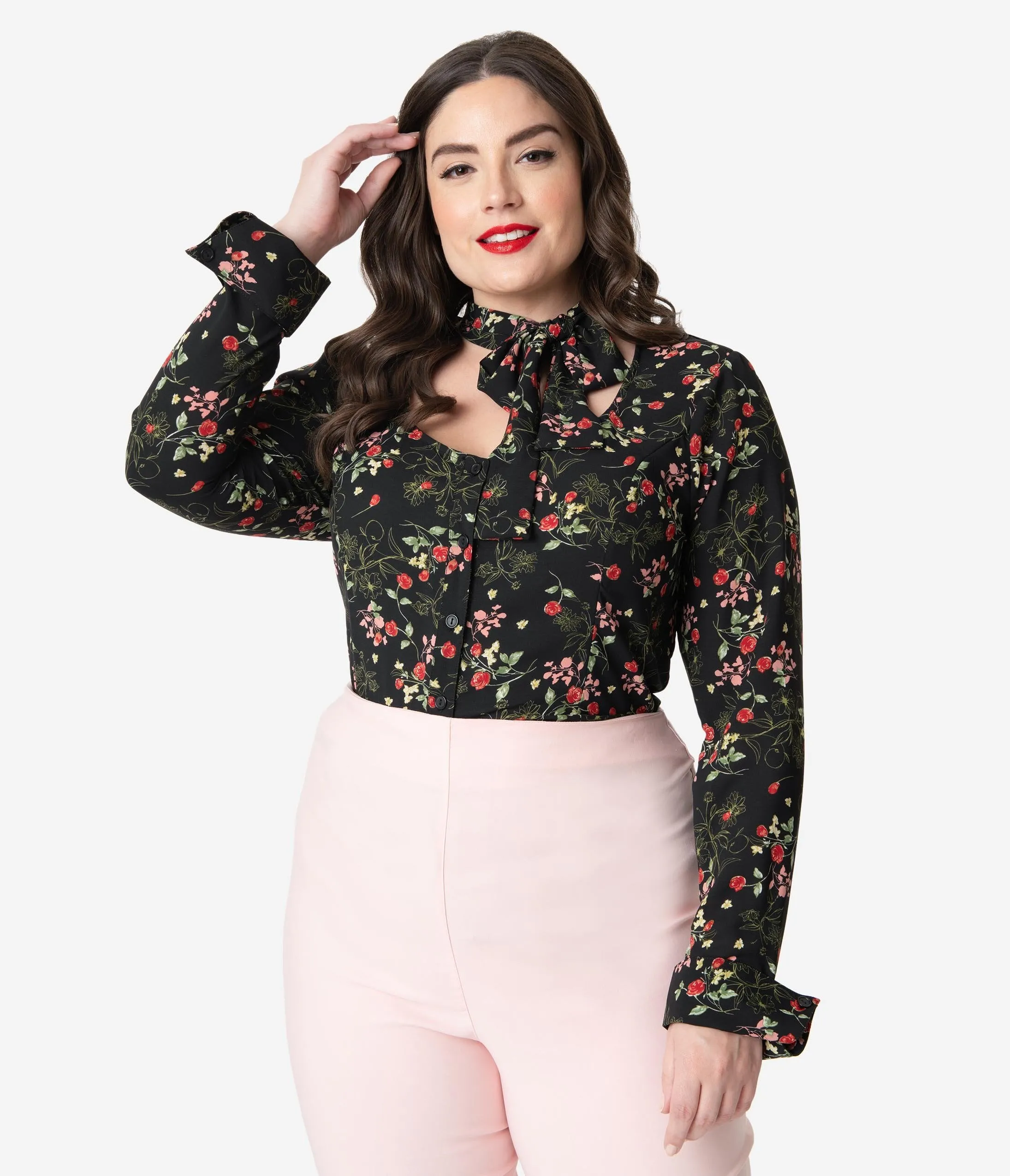Unique Vintage Plus Size 1940s Black & Red Floral Neck Tie Fiona Blouse