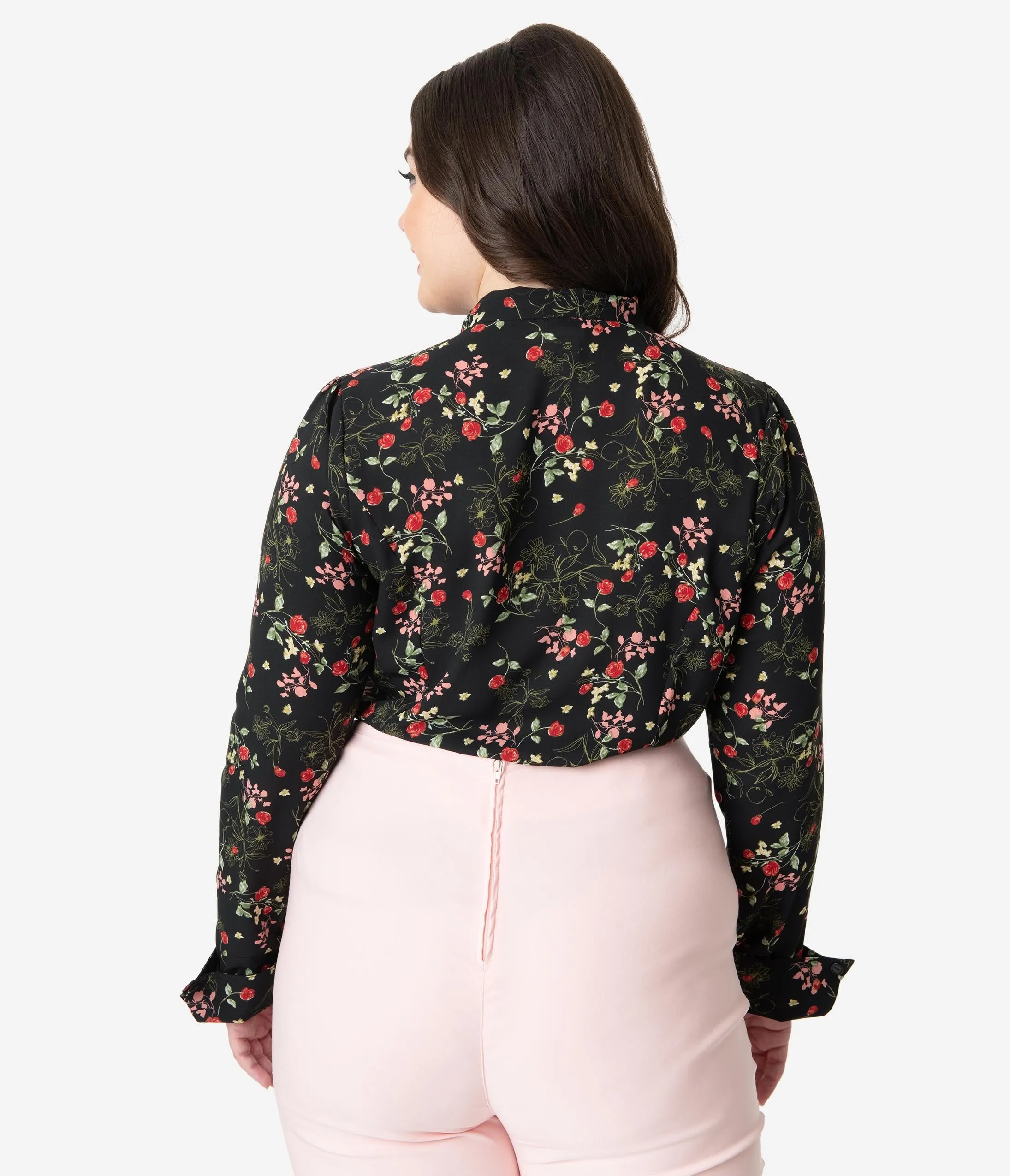 Unique Vintage Plus Size 1940s Black & Red Floral Neck Tie Fiona Blouse