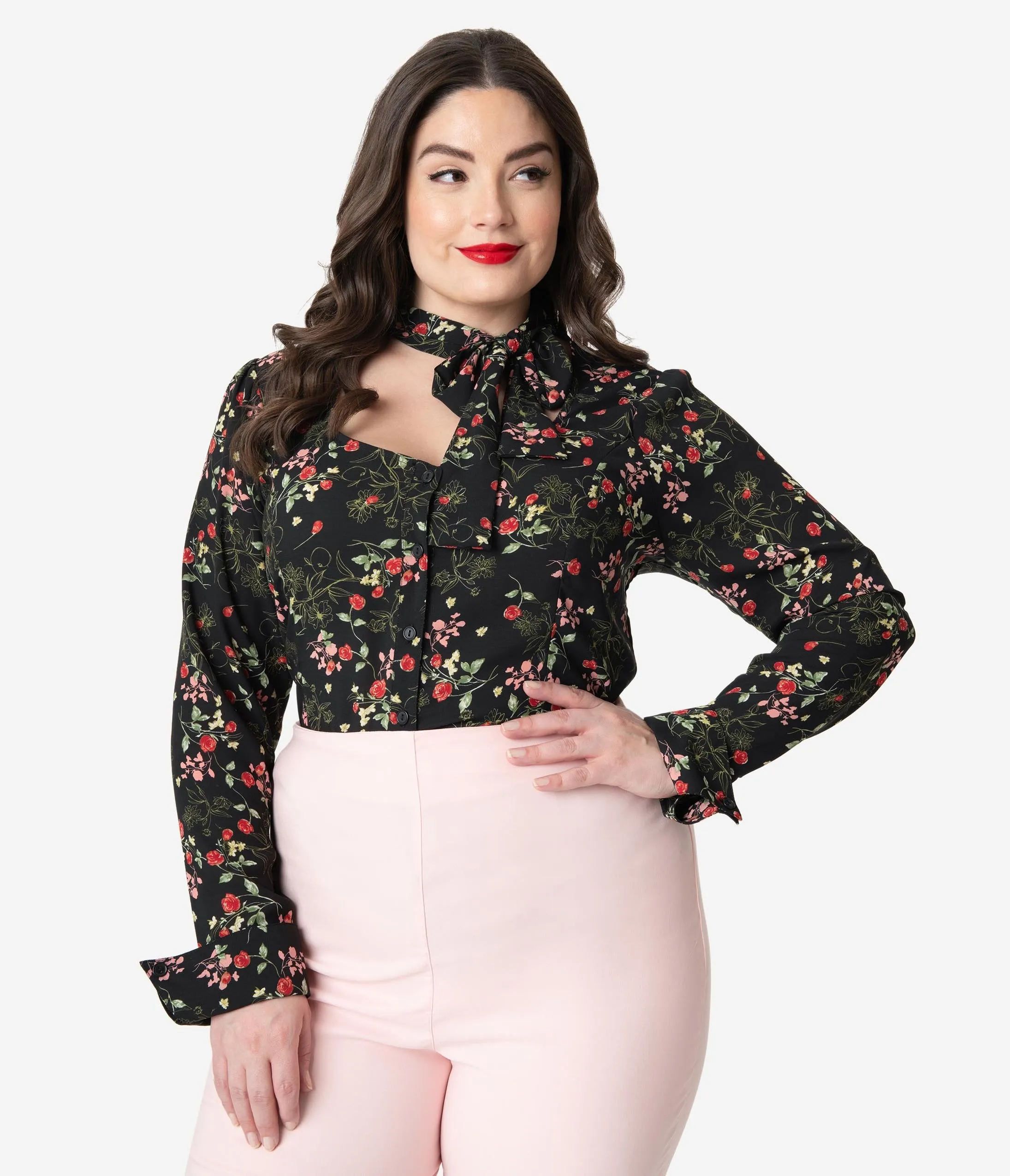 Unique Vintage Plus Size 1940s Black & Red Floral Neck Tie Fiona Blouse