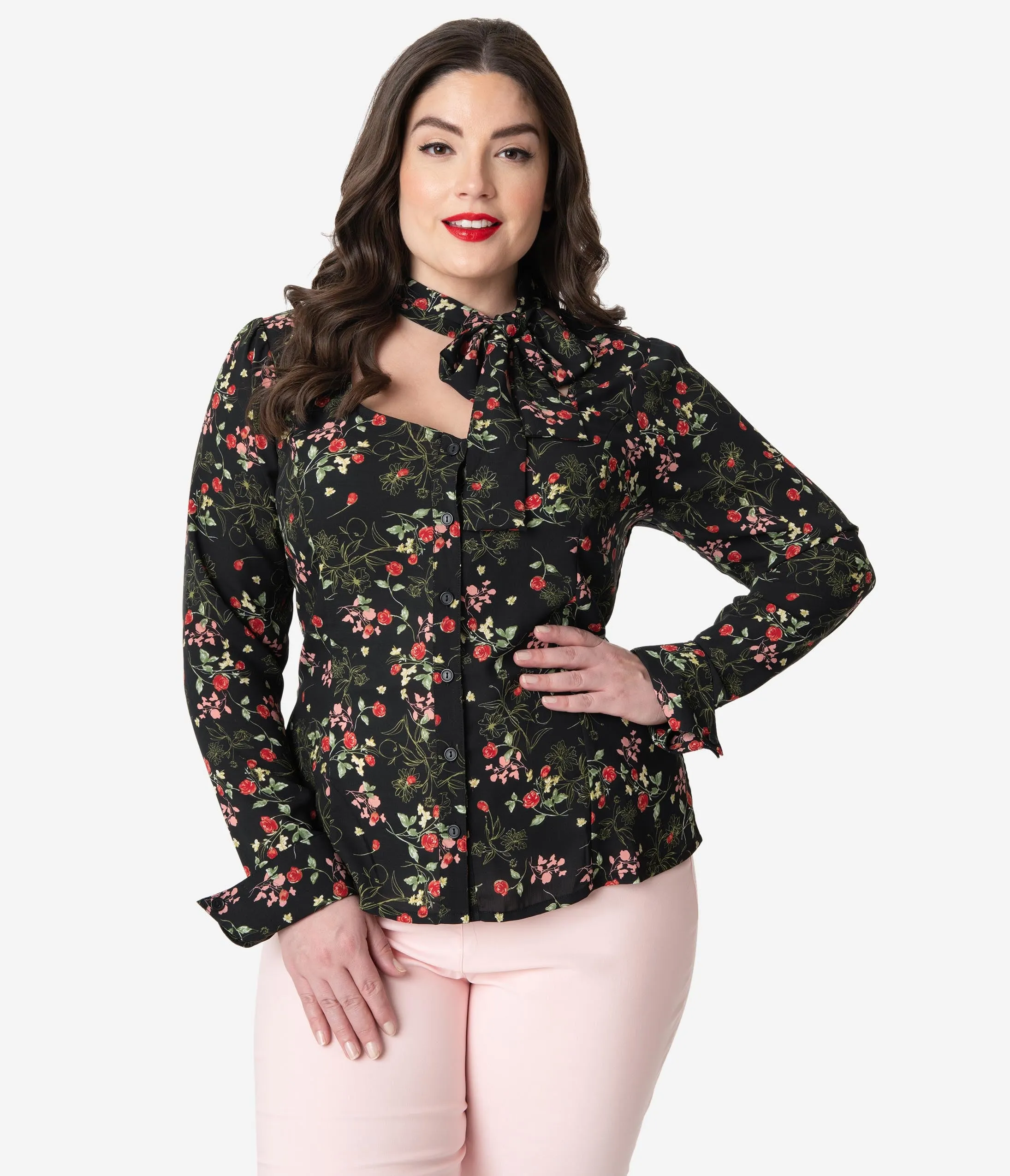 Unique Vintage Plus Size 1940s Black & Red Floral Neck Tie Fiona Blouse