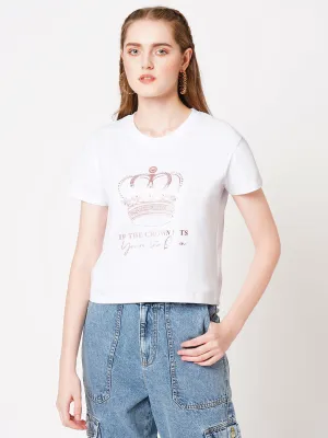 Women Chest Crown Print Casual Slim Fit T-Shirt