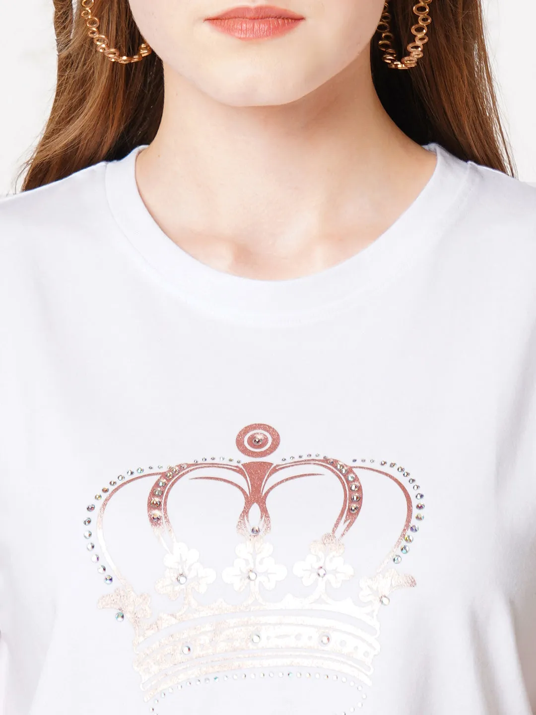 Women Chest Crown Print Casual Slim Fit T-Shirt