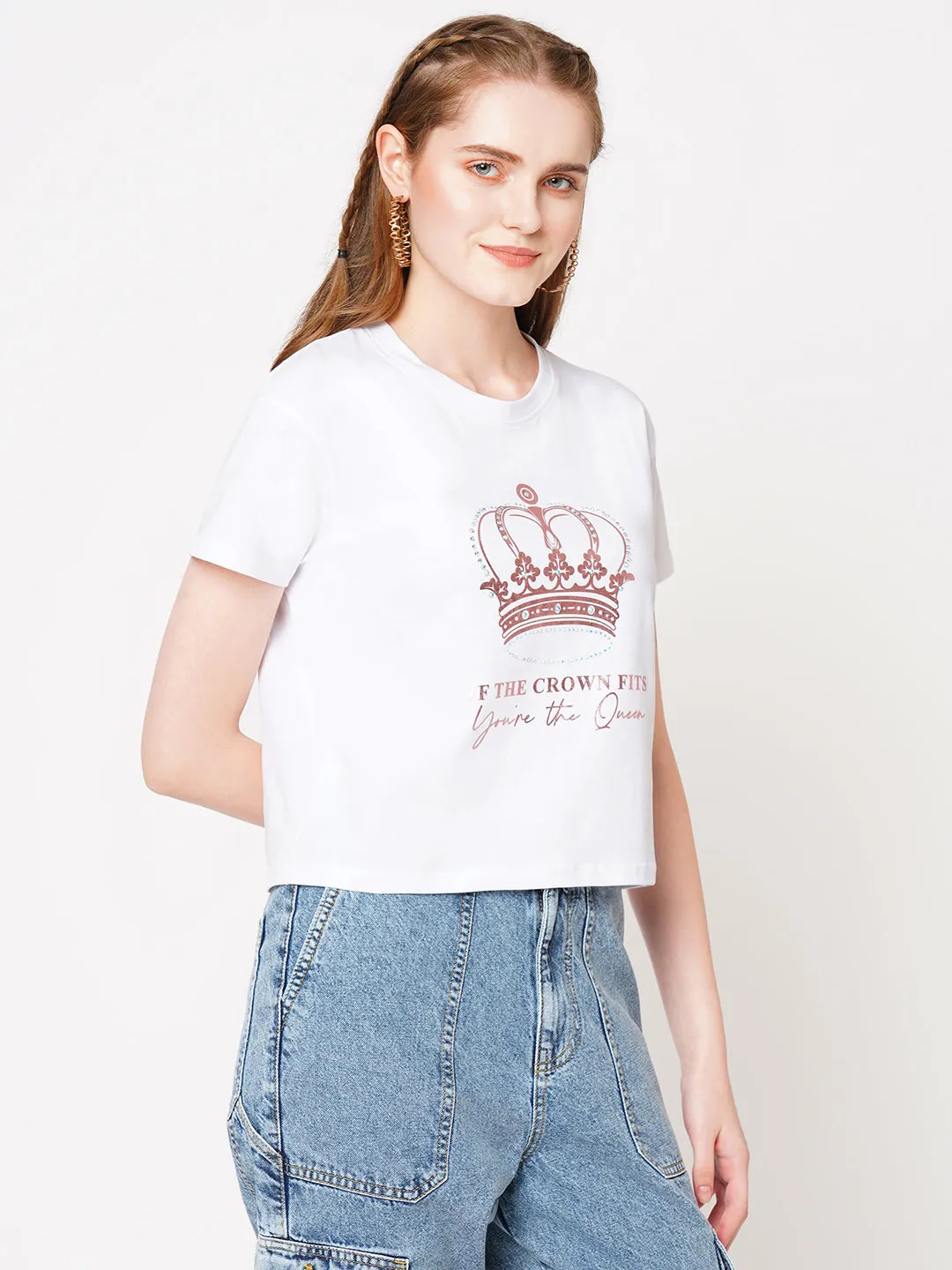 Women Chest Crown Print Casual Slim Fit T-Shirt
