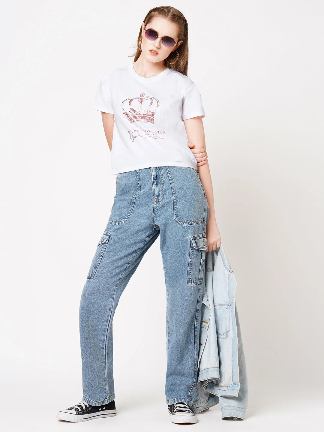 Women Chest Crown Print Casual Slim Fit T-Shirt