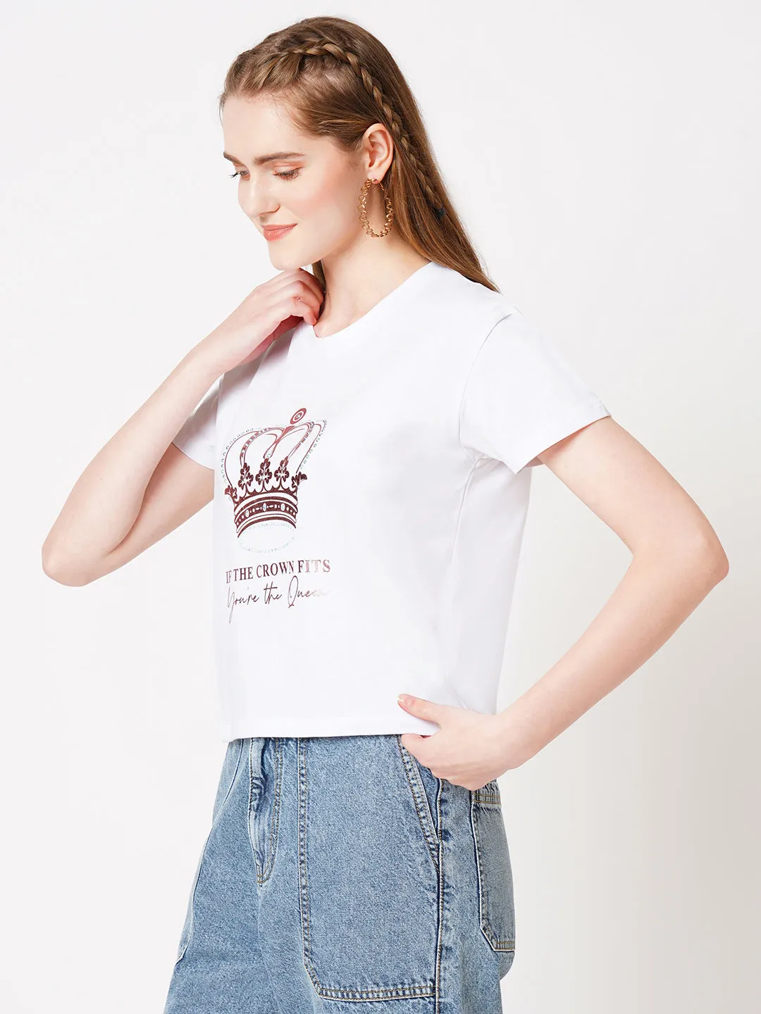 Women Chest Crown Print Casual Slim Fit T-Shirt