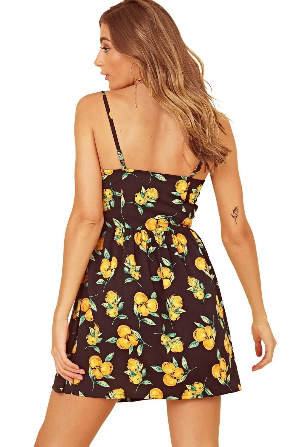 Women Fruit Print Mock Horn Button Detail  Cami Dress