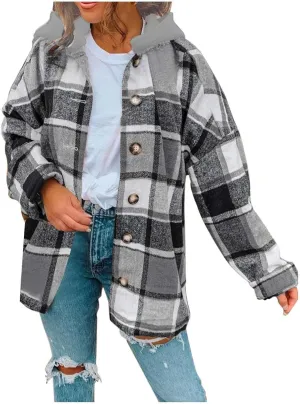 Womens Long Sleeve Button Down Plaid Shirts Casual Fall Fashion 2023 Flannel Shacket Hooded Jacket Hoodie Coats