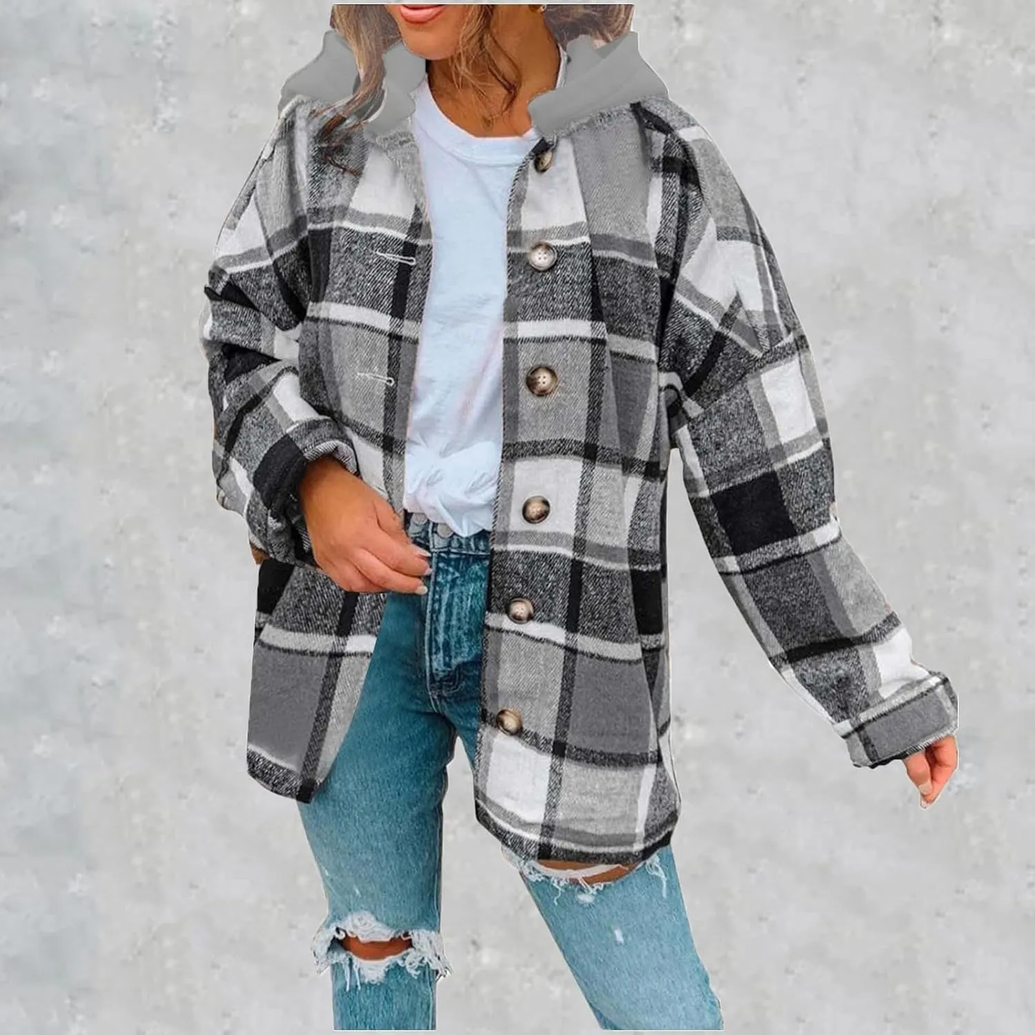 Womens Long Sleeve Button Down Plaid Shirts Casual Fall Fashion 2023 Flannel Shacket Hooded Jacket Hoodie Coats
