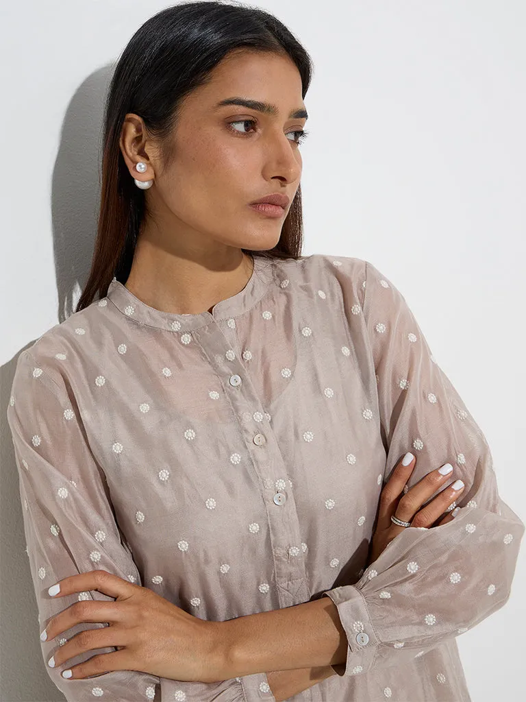 Zuba Taupe Floral Embroidered A-Line Kurta with Inner